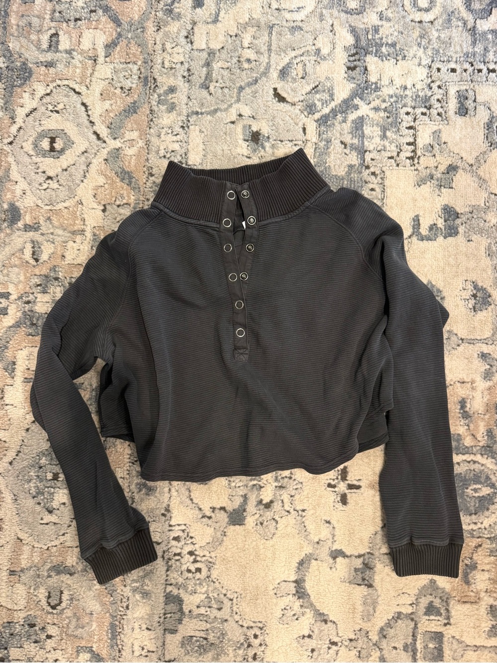 Free People Charcoal Waffle Henley Crop Sweatshirt